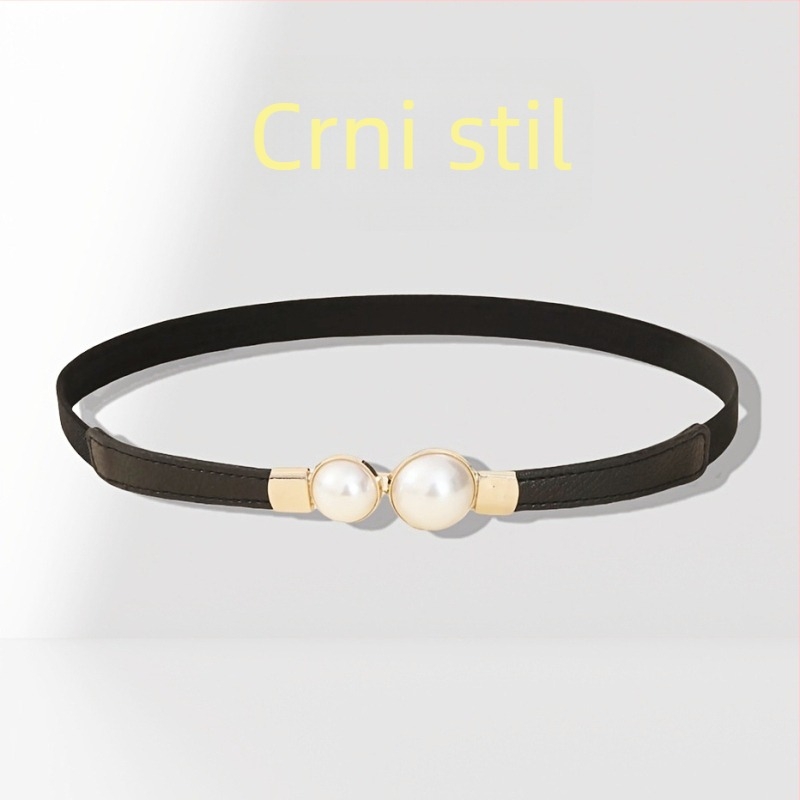 Ženska haljina od PU kože sa tankim pojasom i bisernom ukrasom (Materijal: PU koža; Spona pojasa: legura; Zatvaranje: pin kopča; Širina pojasa: tanak (<2 cm); Bisernа dekoracija)