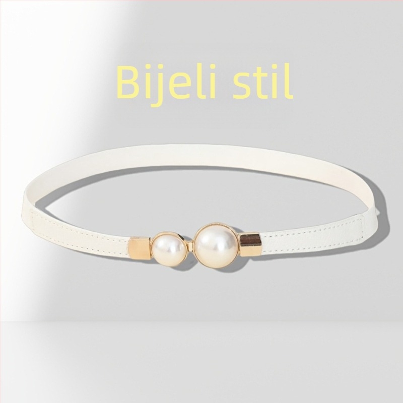 Ženska haljina od PU kože sa tankim pojasom i bisernom ukrasom (Materijal: PU koža; Spona pojasa: legura; Zatvaranje: pin kopča; Širina pojasa: tanak (<2 cm); Bisernа dekoracija)