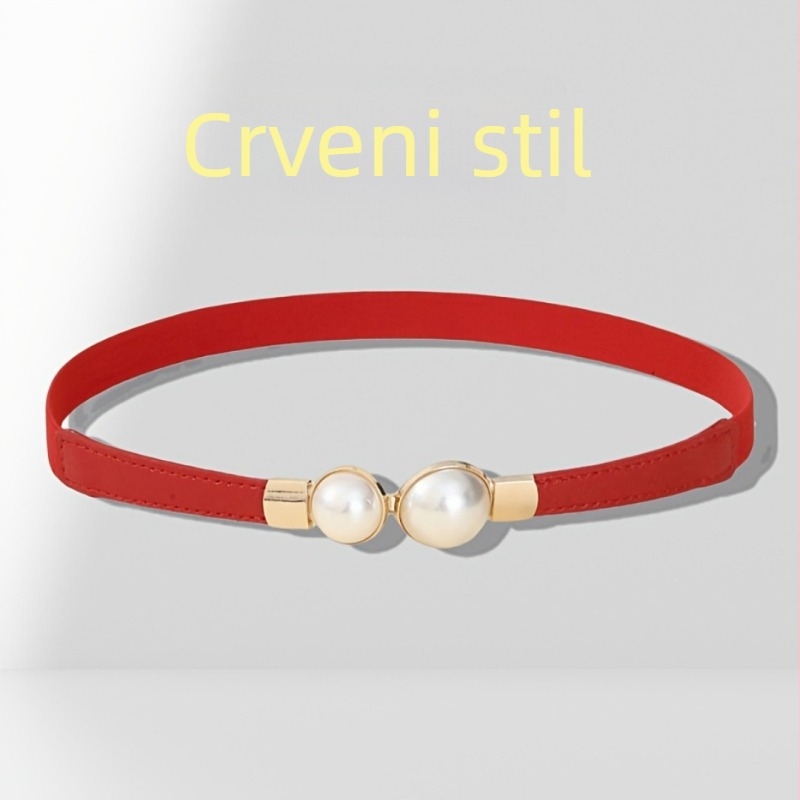 Ženska haljina od PU kože sa tankim pojasom i bisernom ukrasom (Materijal: PU koža; Spona pojasa: legura; Zatvaranje: pin kopča; Širina pojasa: tanak (<2 cm); Bisernа dekoracija)