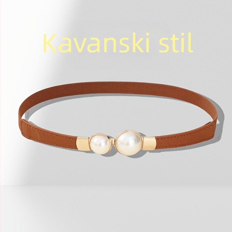 Ženska haljina od PU kože sa tankim pojasom i bisernom ukrasom (Materijal: PU koža; Spona pojasa: legura; Zatvaranje: pin kopča; Širina pojasa: tanak (<2 cm); Bisernа dekoracija)