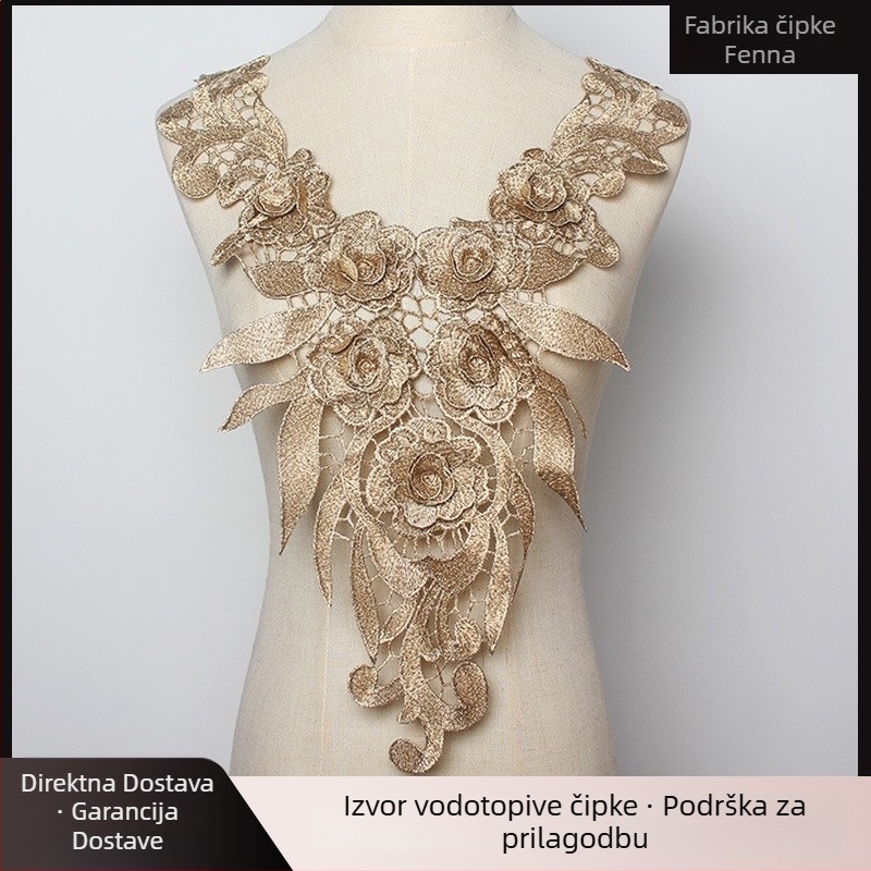 Ovratnik od čipke s cvjetnim detaljem za haljine — poliester, ukrasni izrez dekoltea, pogodno za večernje i vjenčane haljine