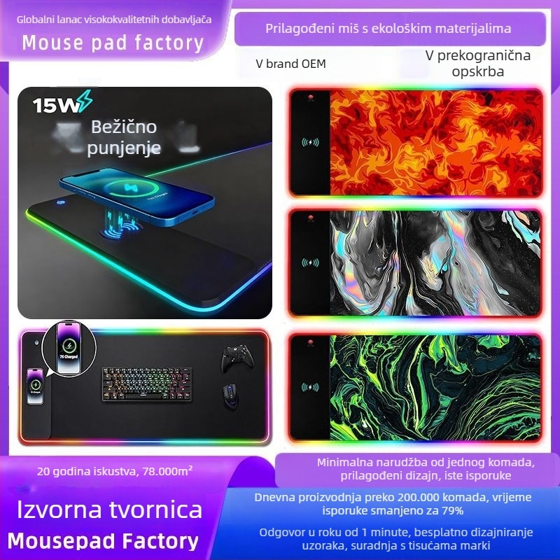 RGB podloga za miš s bežičnim punjenjem, protuklizna, otporna na mrlje, debela podloga za stol od prirodne gume