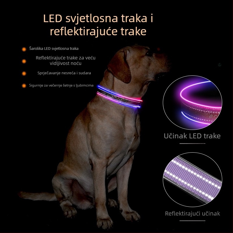 LED svjetleći ovratnik za psa s otisnutom reflektirajućom trakom, USB punjiv, poliester