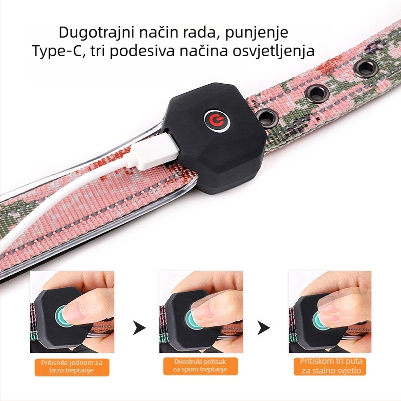 LED svjetleći ovratnik za psa s otisnutom reflektirajućom trakom, USB punjiv, poliester