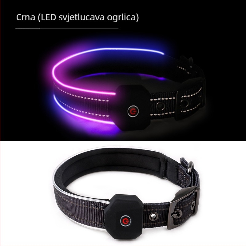 LED svjetleći ovratnik za psa s otisnutom reflektirajućom trakom, USB punjiv, poliester