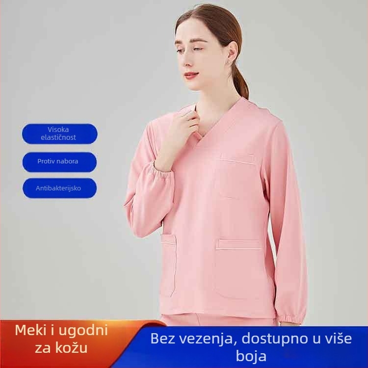 Unisex set medicinskih scrubs s poliester‑ elastanske tkanine, brzo sušeći, top s V‑izrezom i kratkim rukavima te hlače za bolnice, operacijske dvorane, dentalnu i veterinarsku njegu