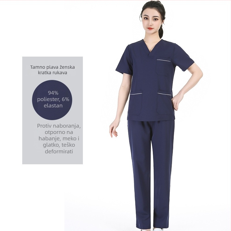 Unisex set medicinskih scrubs s poliester‑ elastanske tkanine, brzo sušeći, top s V‑izrezom i kratkim rukavima te hlače za bolnice, operacijske dvorane, dentalnu i veterinarsku njegu