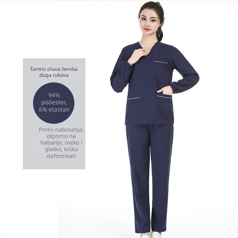 Unisex set medicinskih scrubs s poliester‑ elastanske tkanine, brzo sušeći, top s V‑izrezom i kratkim rukavima te hlače za bolnice, operacijske dvorane, dentalnu i veterinarsku njegu