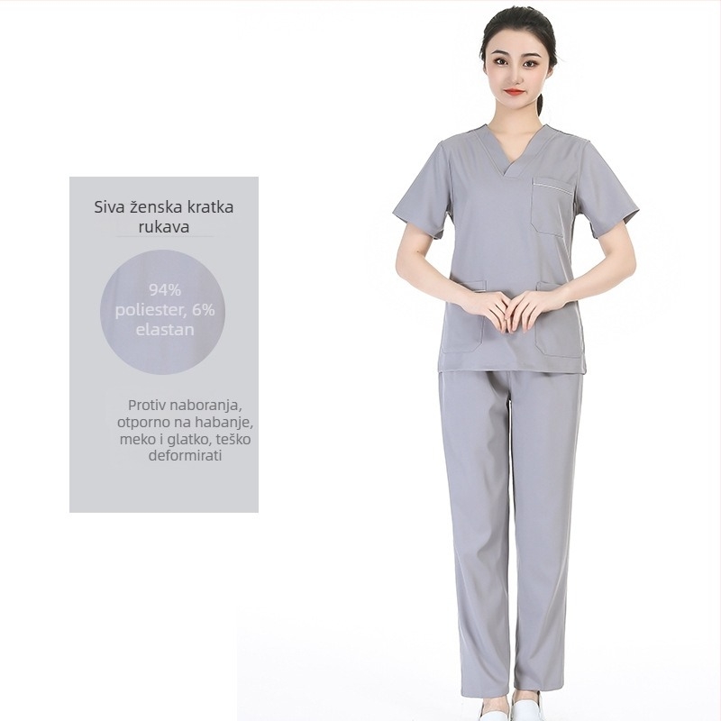 Unisex set medicinskih scrubs s poliester‑ elastanske tkanine, brzo sušeći, top s V‑izrezom i kratkim rukavima te hlače za bolnice, operacijske dvorane, dentalnu i veterinarsku njegu