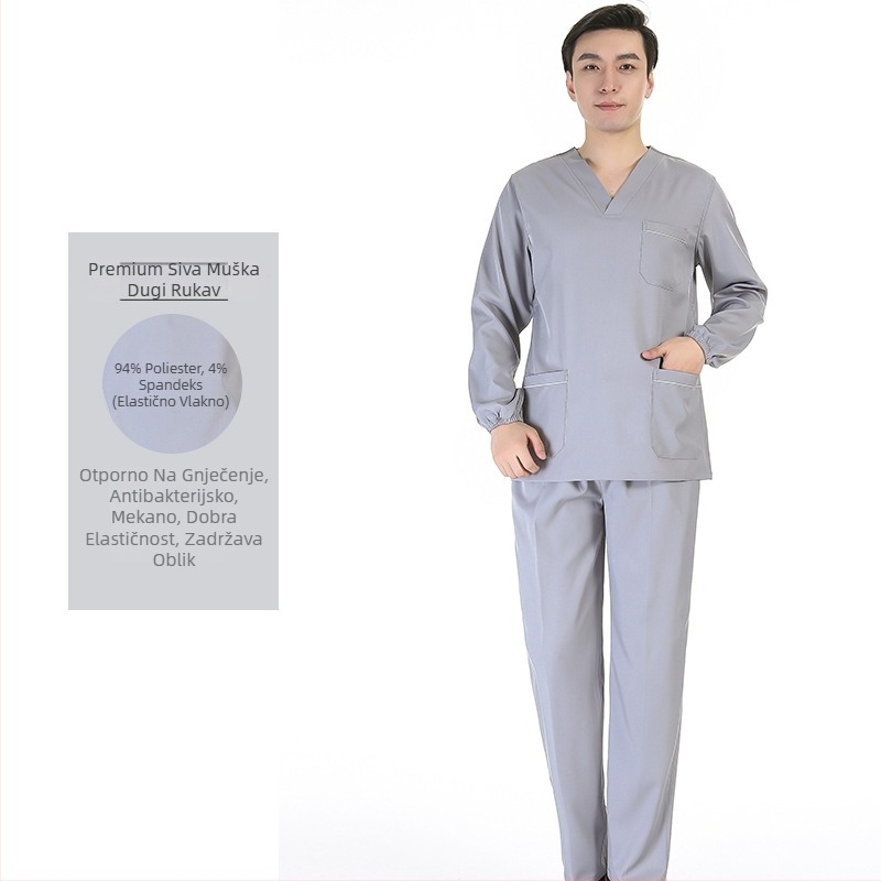 Unisex set medicinskih scrubs s poliester‑ elastanske tkanine, brzo sušeći, top s V‑izrezom i kratkim rukavima te hlače za bolnice, operacijske dvorane, dentalnu i veterinarsku njegu
