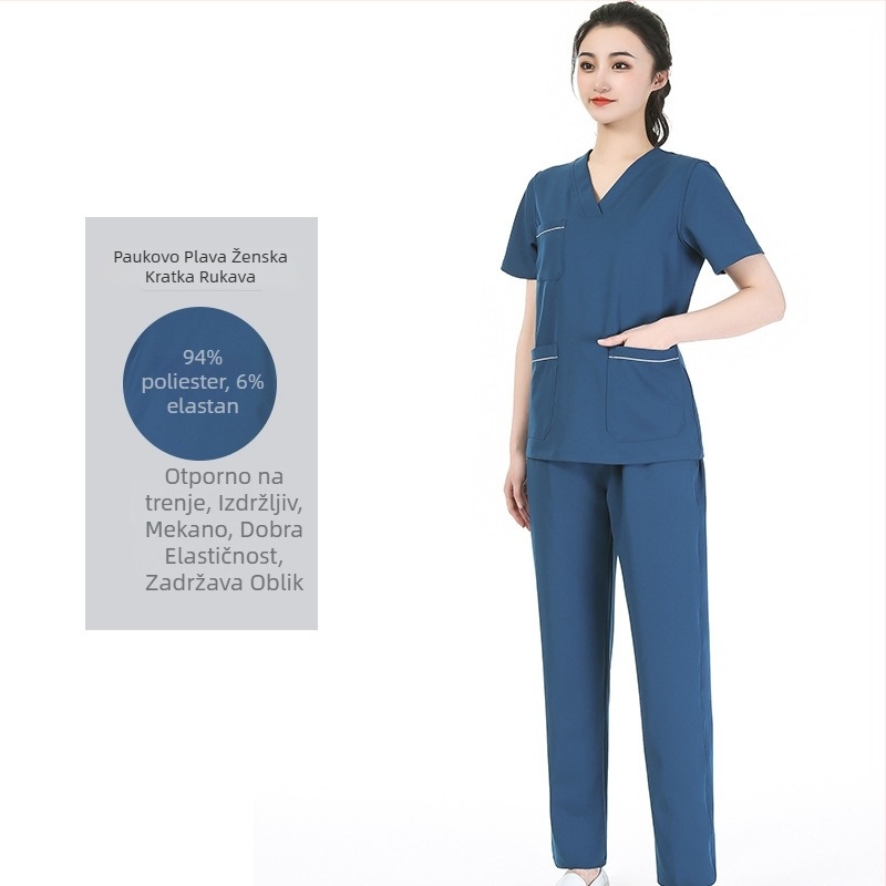 Unisex set medicinskih scrubs s poliester‑ elastanske tkanine, brzo sušeći, top s V‑izrezom i kratkim rukavima te hlače za bolnice, operacijske dvorane, dentalnu i veterinarsku njegu