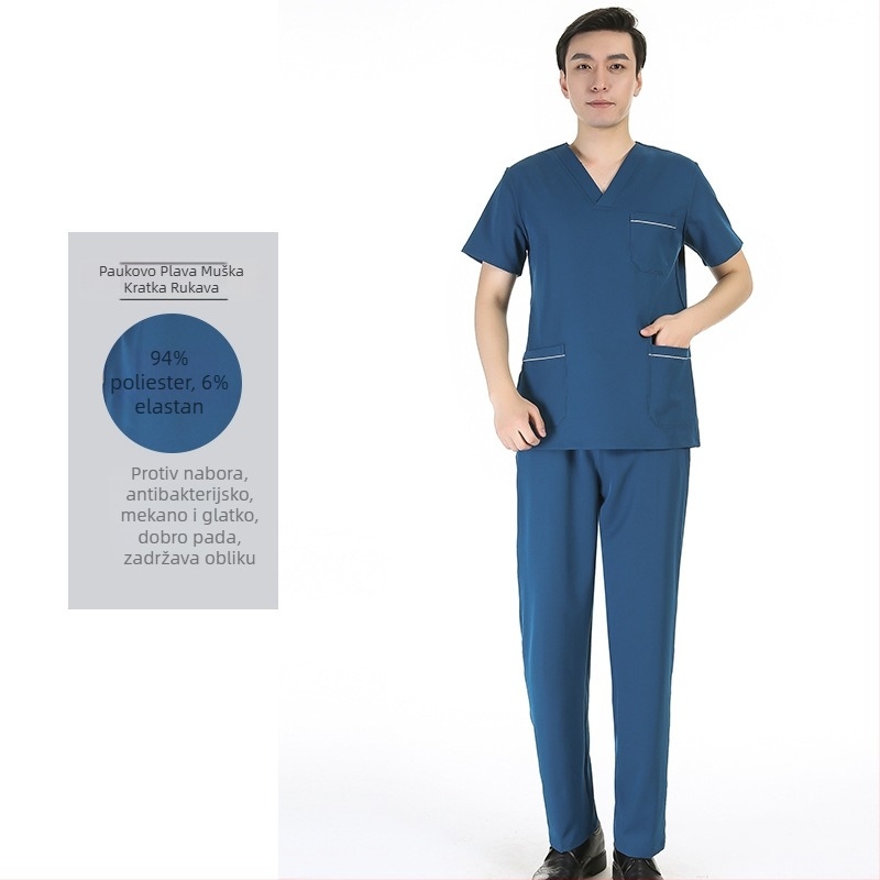 Unisex set medicinskih scrubs s poliester‑ elastanske tkanine, brzo sušeći, top s V‑izrezom i kratkim rukavima te hlače za bolnice, operacijske dvorane, dentalnu i veterinarsku njegu