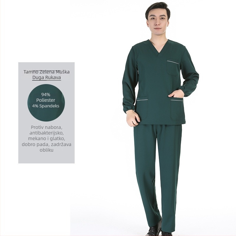Unisex set medicinskih scrubs s poliester‑ elastanske tkanine, brzo sušeći, top s V‑izrezom i kratkim rukavima te hlače za bolnice, operacijske dvorane, dentalnu i veterinarsku njegu