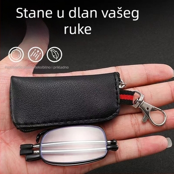 Očale za čitanje s teleskopskim sklopnim okvirom, anti‑plavo svjetlo, presbiopijske, s punim metalnim okvirom, u kožnoj futroli i s karabinom