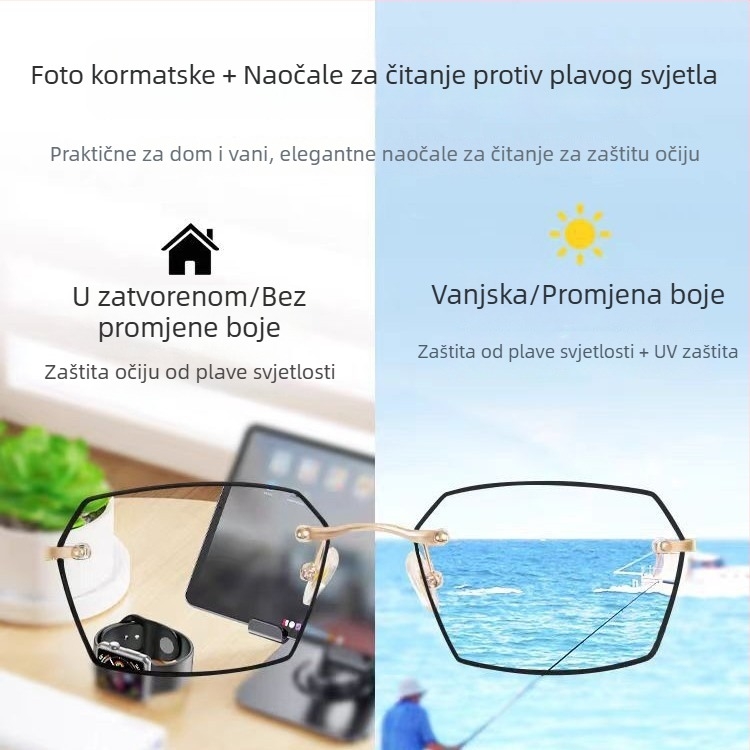 Bezokvirne čitateljske naočale s automatskom promjenom boje leća protiv plavog svjetla, za muškarce srednje dobi i starije, zaštita očiju visoke razlučivosti, anti-radiacija