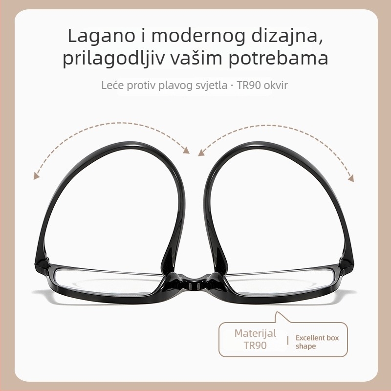 Naočale za čitanje s TR90 okvirom, leće od smole s zaštitom od plave svjetlosti, ultra lagane, kvadratni okvir, za starije osobe