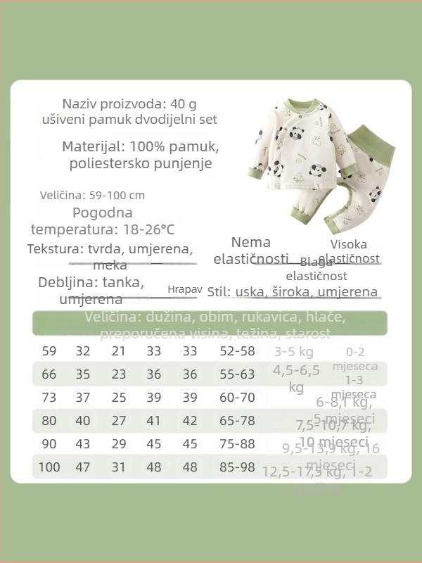Dječji dvodijelni pajama set s 40 g punila, 100% pamuk, dugi rukavi, bez kapuljače, za novorođenče
