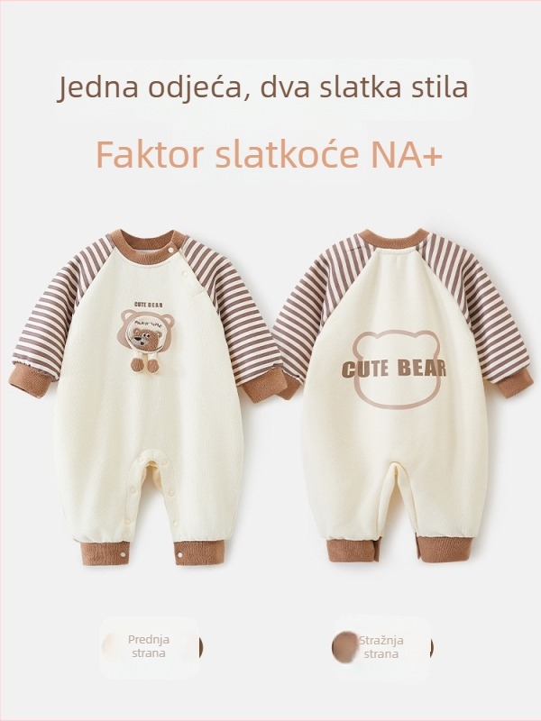 Bejbi kombinezon s fleec podstavom, dugi rukavi, unisex, za novorođenčad 0–12 mjeseci, debeli poliester, skrivena kopča, pogodan za proljeće i jesen.