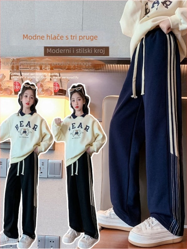 Dječje hlače, korejskog casual stila, prugaste, visoki struk, 95% poliester