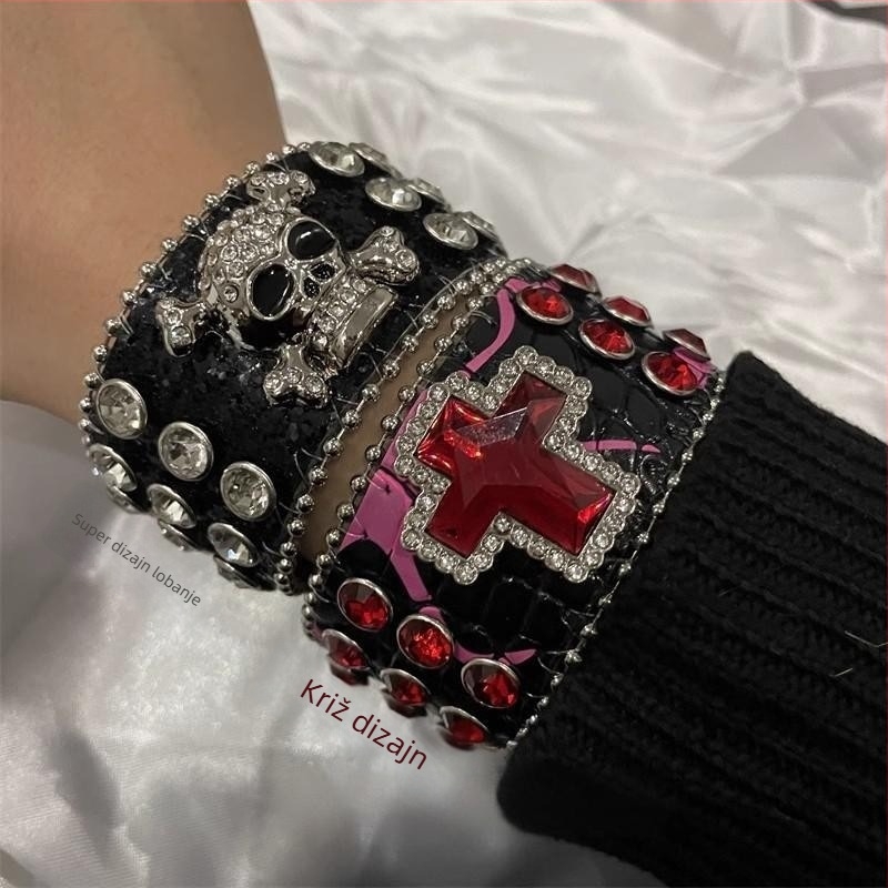Narukvica s kristalima od kože, snažan široki punk hip-hop stil, unisex dodatak