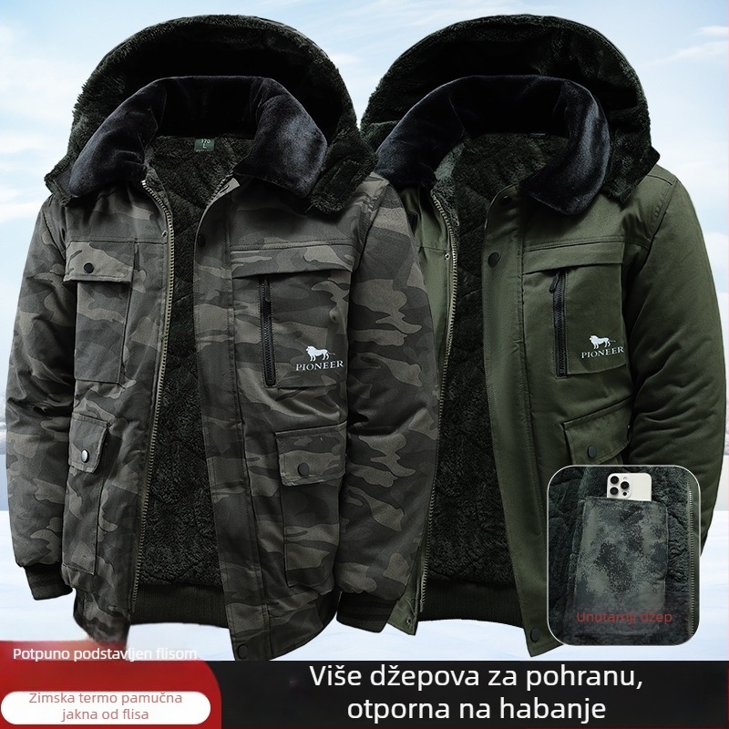 Muška zimska jakna s fleecem unutarnje obloge, debela za toplinu, dugi rukavi, opušten kroj, velika veličina