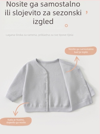 Unisex dječji pleteni kardigan s V-izrezom, dugi rukavi, kopčanje na dugmiće, 95,8% pamuk