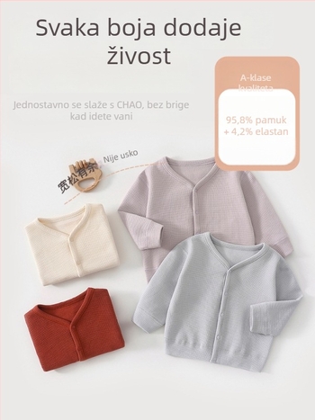 Unisex dječji pleteni kardigan s V-izrezom, dugi rukavi, kopčanje na dugmiće, 95,8% pamuk