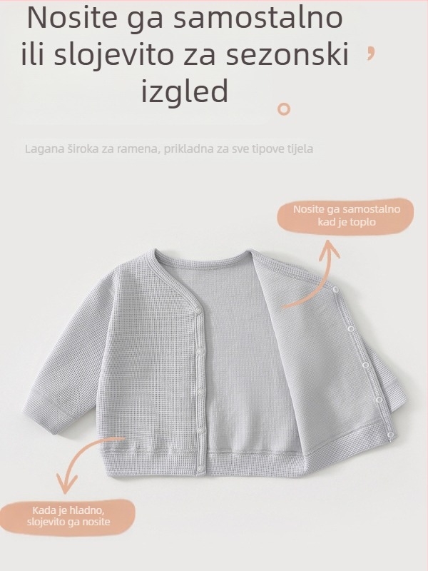 Unisex dječji pleteni kardigan s V-izrezom, dugi rukavi, kopčanje na dugmiće, 95,8% pamuk