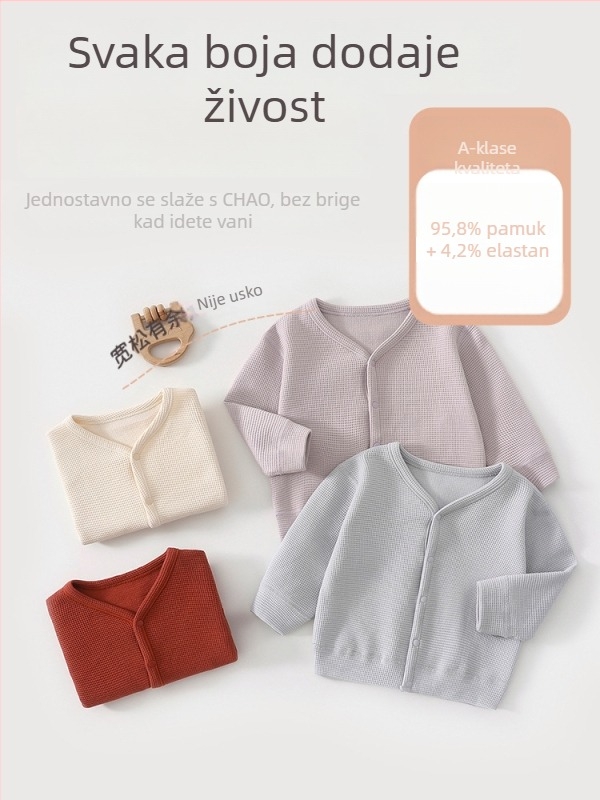 Unisex dječji pleteni kardigan s V-izrezom, dugi rukavi, kopčanje na dugmiće, 95,8% pamuk