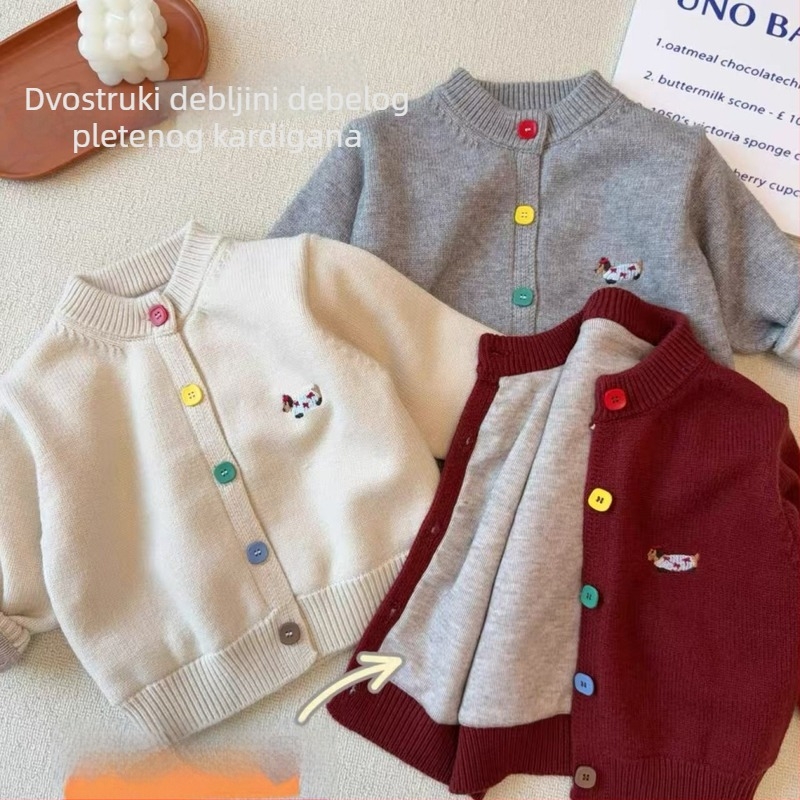 Dječji dvostruko debeli pleteni džemper, zimski stil, korejski stil, okrugli ovratnik, jednostruko kopčanje