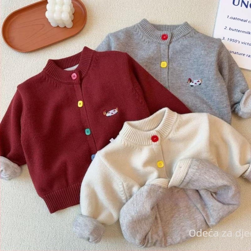 Dječji dvostruko debeli pleteni džemper, zimski stil, korejski stil, okrugli ovratnik, jednostruko kopčanje