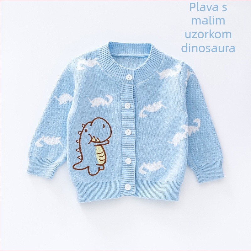 Unisex pamučni pleteni kardigan za bebe i malu djecu, dugi rukavi, prednje zatvaranje s jednim gumbom, uzorak dinosaura, crtani stil, proljeće-jesen, dob 1–3 godine