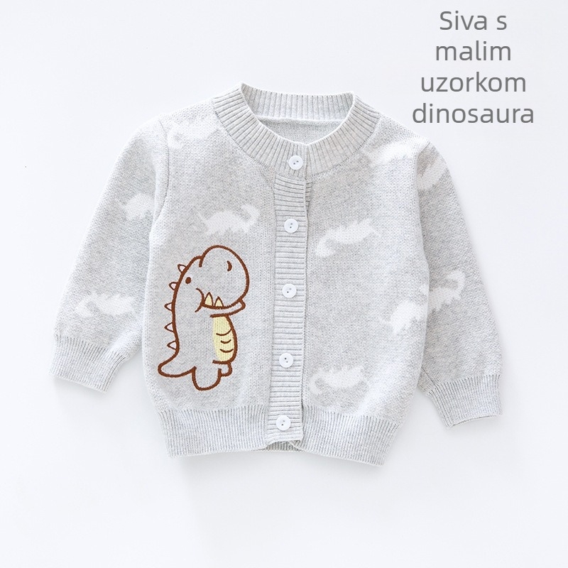 Unisex pamučni pleteni kardigan za bebe i malu djecu, dugi rukavi, prednje zatvaranje s jednim gumbom, uzorak dinosaura, crtani stil, proljeće-jesen, dob 1–3 godine