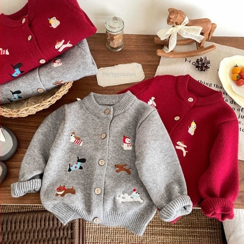 Dječji mohair kardigan s izvezenim psom po cijelom tijelu, unisex, okrugli ovratnik, dugi rukavi, jednostruko kopčanje