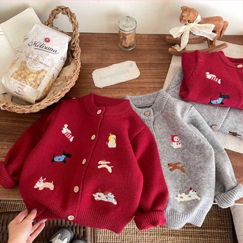 Dječji mohair kardigan s izvezenim psom po cijelom tijelu, unisex, okrugli ovratnik, dugi rukavi, jednostruko kopčanje