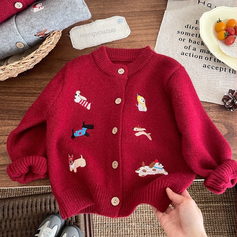 Dječji mohair kardigan s izvezenim psom po cijelom tijelu, unisex, okrugli ovratnik, dugi rukavi, jednostruko kopčanje