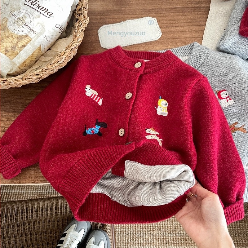 Dječji mohair kardigan s izvezenim psom po cijelom tijelu, unisex, okrugli ovratnik, dugi rukavi, jednostruko kopčanje