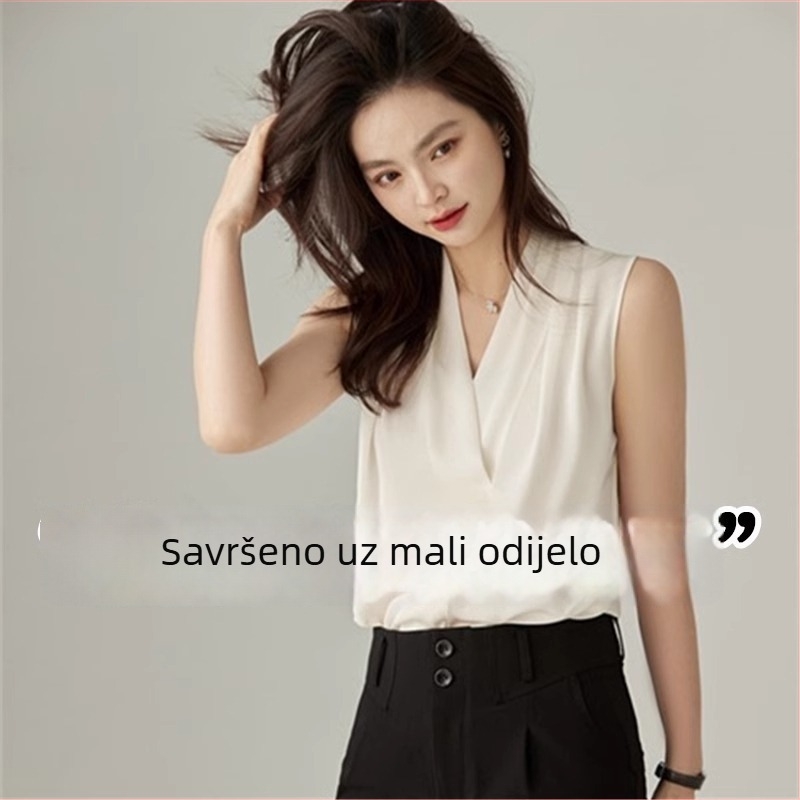 Bez rukava bluza od acetatnog satena s odvojivim trakama; OL stil zapadnjačkog odijela; blaga rastezljivost; PVC tkanina