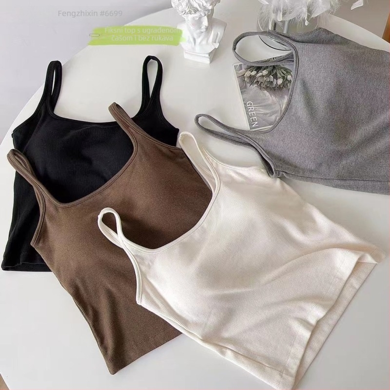 Kamisola s kvadratnim ovratnikom, ugrađene košarice, sling remen, visoka elastičnost, pamučna podstava, rayon 70–80%, težina 161–180 g/m²