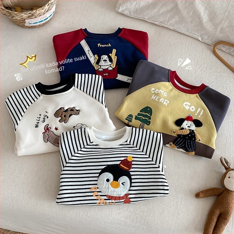 Dječji fleece pulover s brodom, prugasti dizajn, materijal pamuk-poliester s brušenim završnim slojem, debela tkanina za toplinu, dugi rukavi, za djecu od 3 do 8 godina.