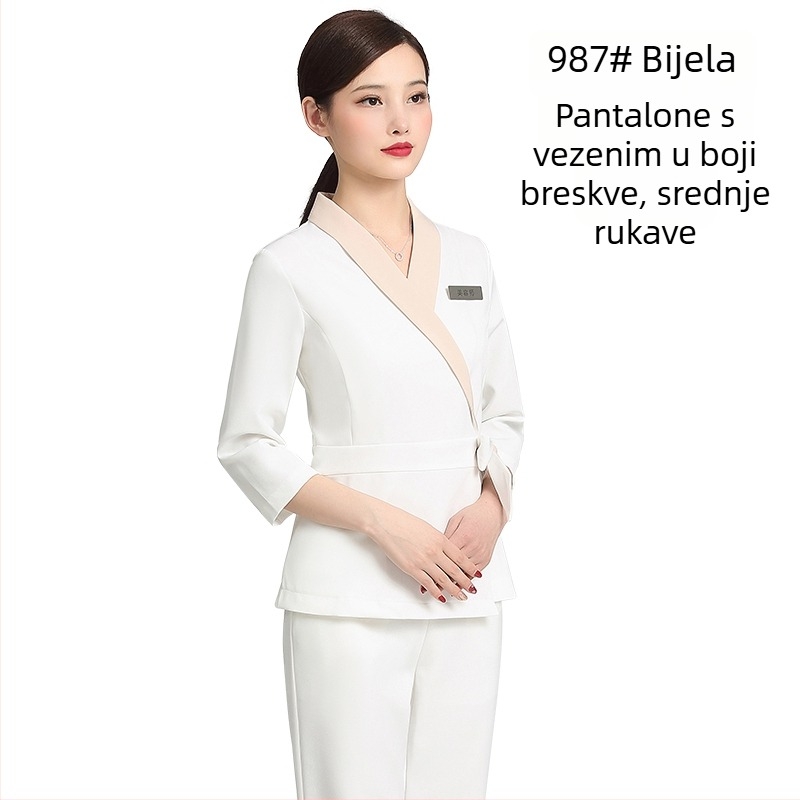 Unisex uniforma za kozmetički salon, top s srednjim rukavima, Chenille tkanina, 50–70% elastan, hlače 5/4, ovratnik od krzna