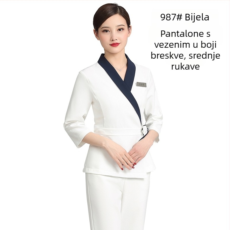 Unisex uniforma za kozmetički salon, top s srednjim rukavima, Chenille tkanina, 50–70% elastan, hlače 5/4, ovratnik od krzna