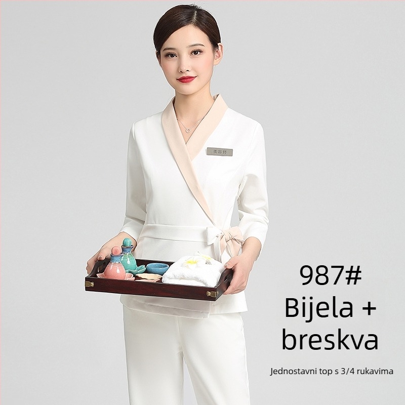 Unisex uniforma za kozmetički salon, top s srednjim rukavima, Chenille tkanina, 50–70% elastan, hlače 5/4, ovratnik od krzna