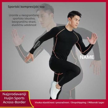 Muški set za brzi suši kompresije za trčanje s prilagođenim logom — elastični materijal (7% Spandex) — podstava 93% poliester — pogodan za trčanje, fitness, biciklizam — Sezone: zima, proljeće, jesen
