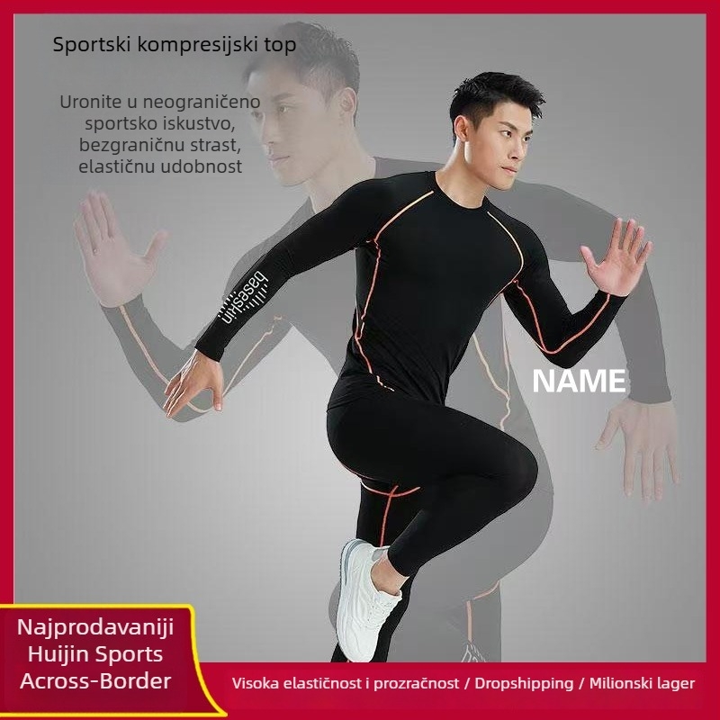 Muški set za brzi suši kompresije za trčanje s prilagođenim logom — elastični materijal (7% Spandex) — podstava 93% poliester — pogodan za trčanje, fitness, biciklizam — Sezone: zima, proljeće, jesen