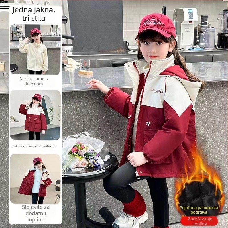 Dječja zimska jakna 3u1 za djevojčice s kapuljačom, debeli poliester podstava i zatvarač