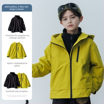 Dječja 3-u-1 jakna s flis podstavom, odvojivi dvodijelni set, vodootporna 5000mm, otporna na vjetar, s kapuljom, za uzrast 7–12 godina, jesen 2025