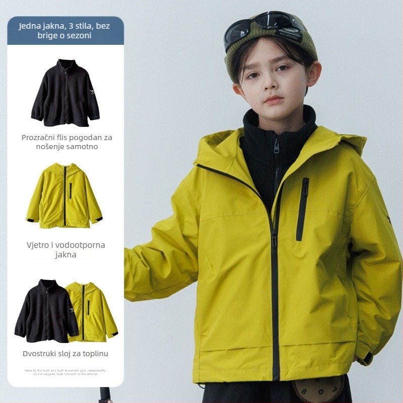 Dječja 3-u-1 jakna s flis podstavom, odvojivi dvodijelni set, vodootporna 5000mm, otporna na vjetar, s kapuljom, za uzrast 7–12 godina, jesen 2025