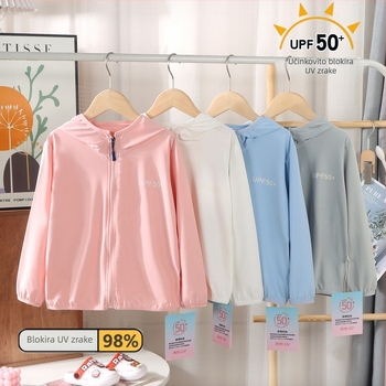 Dječja UV zaštitna kapuljača ljetna jakna (Glavni materijal: poliester 95%; Sastav materijala: smjesa kemijskih vlakana; Podstava: Nylon F; Težina: 200 g; Dobna skupina: 7–12 godina)