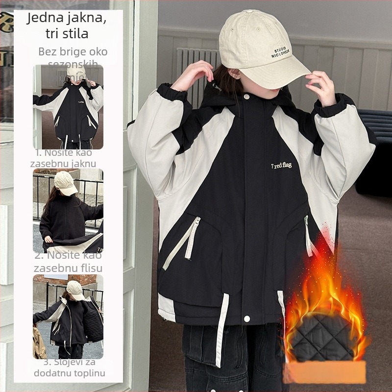 Dječja 3-u-1 jakna za jesen/zimu, vjetro i vodootporna, kapuljača, srednje duljine, vunena podstava